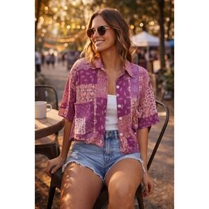 Piper & Scoot Patchwork Boho Button Front Blouse Pink Orange Floral Top M